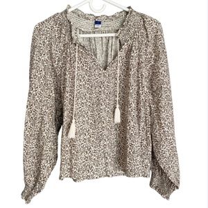 NWT Old Navy Oversized Long-Sleeve Smocked Linen-Blend Top Blouse Top Small